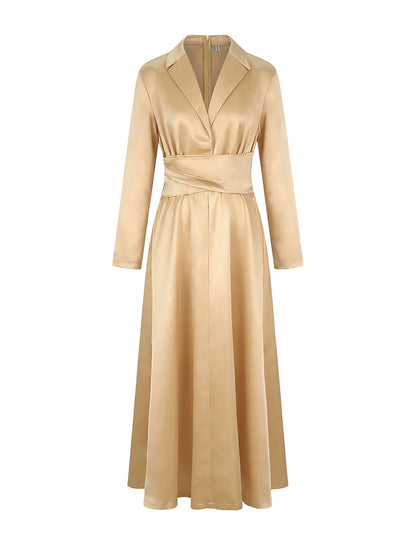 A-line high-waist pleated V-neck solid maxi dress for women - 9