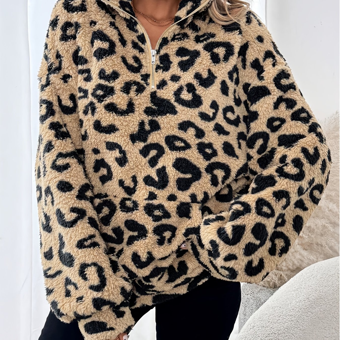 Elegant leopard print zip everyday jumper for women | Leona -7