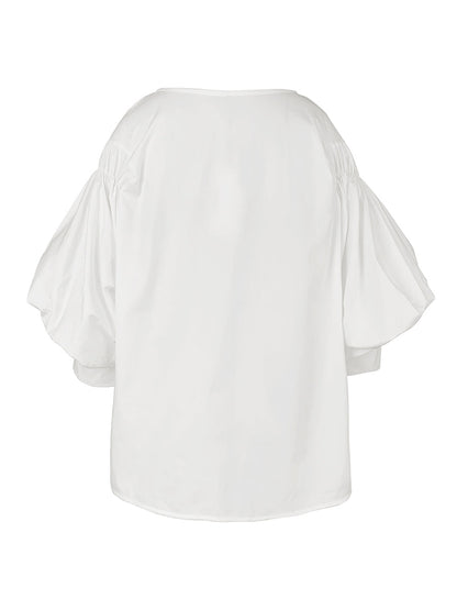 Puff-sleeve buttoned solid-colour blouse for women - 10
