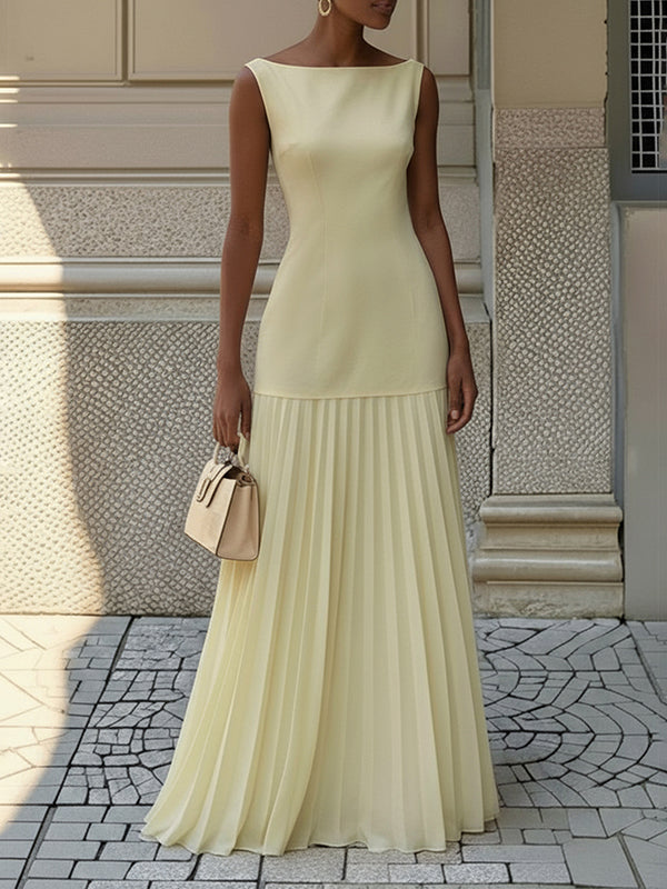 Sleeveless gauze pleated boat-neck evening maxi dress for women - 4