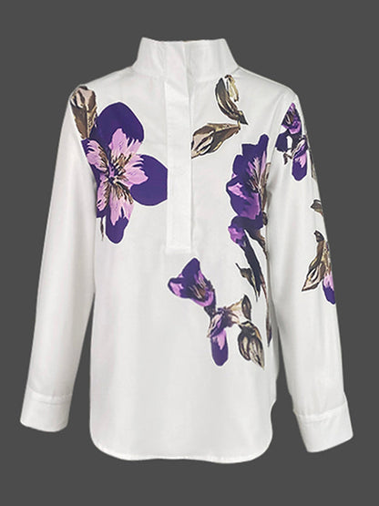 Long-sleeve loose flower print stand-collar blouse for women - 4