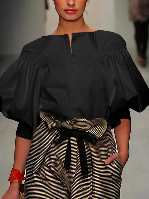 Puff-sleeve buttoned solid-colour blouse for women - 2