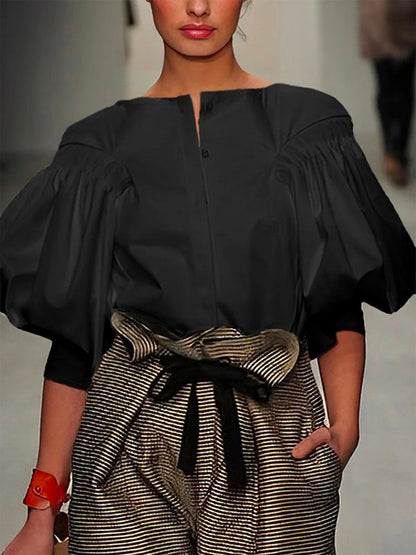 Puff-sleeve buttoned solid-colour blouse for women - 2