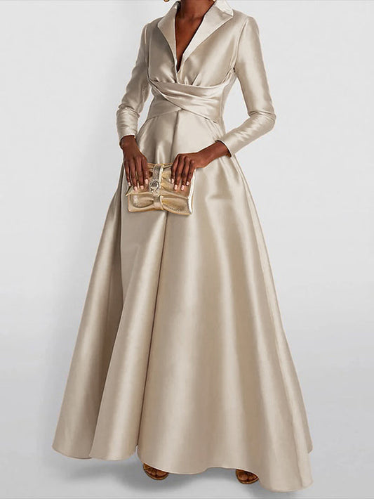 A-line high-waist pleated V-neck solid maxi dress for women - 1
