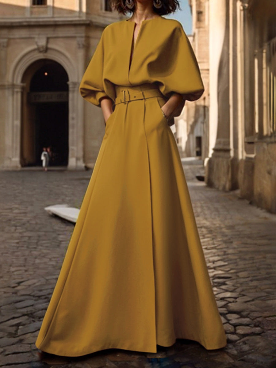 Half-sleeve loose belted deep V-neck solid maxi dress for women - 2