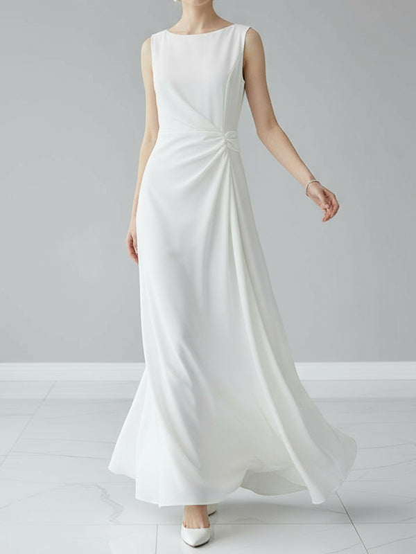 Sleeveless gauze pleated round-neck evening maxi dress for women - 1