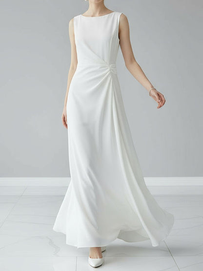 Sleeveless gauze pleated round-neck evening maxi dress for women - 1