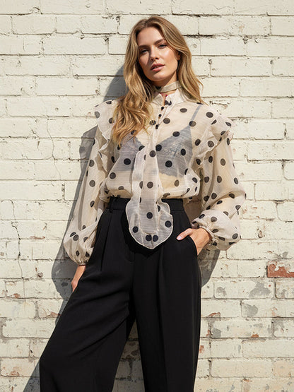Long-sleeve loose polka-dot ruffle V-neck blouse for women - 4