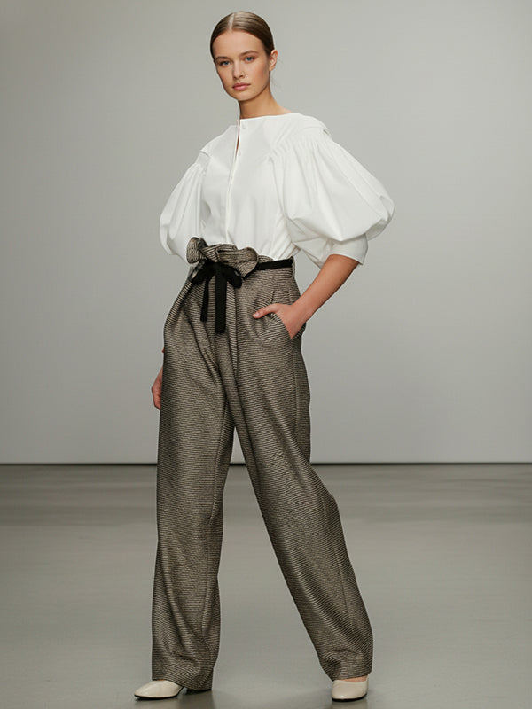 Puff-sleeve buttoned solid-colour blouse for women - 4