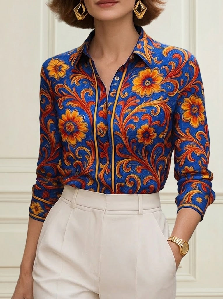 Long-sleeve buttoned flower print lapel blouse for women - 1