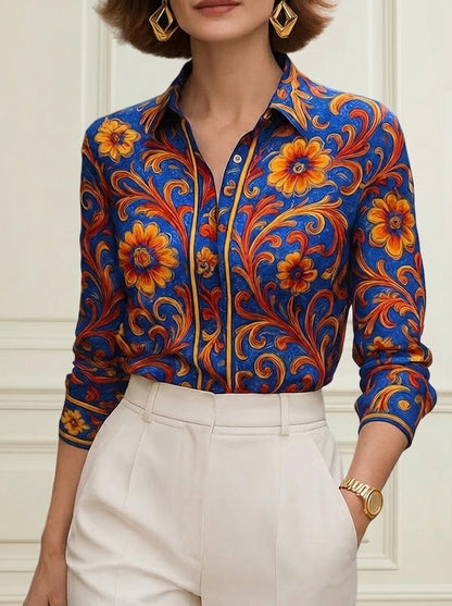 Long-sleeve buttoned flower print lapel blouse for women - 1