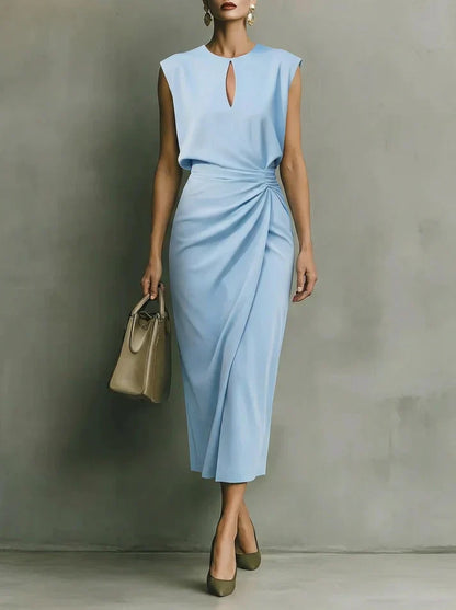 Elegant draped everyday midi dress for women | Veya -1