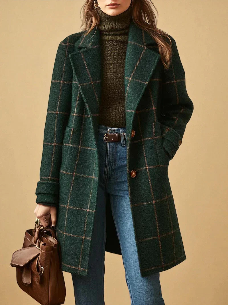 Checkered Notch Lapel Coat Stylish For Women | Elowyn