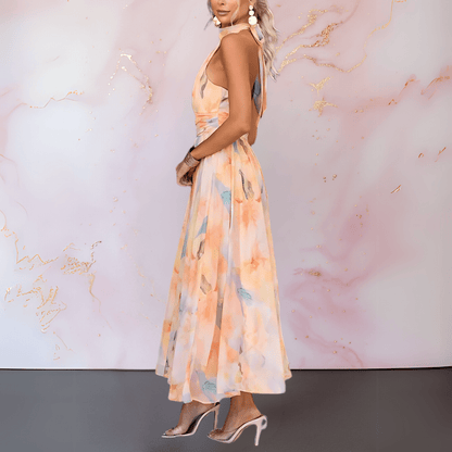 Halterneck watercolour print dress for women | Esther -4