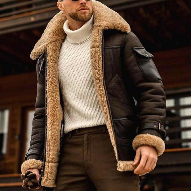Vintage warm lapel multi-pocket thick winter coat for men -3