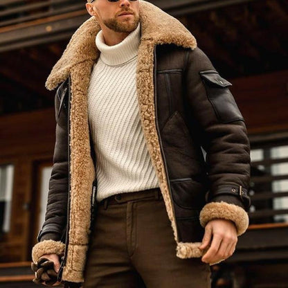 Vintage warm lapel multi-pocket thick winter coat for men -3