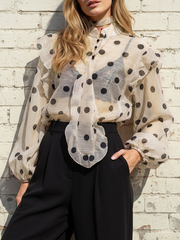 Long-sleeve loose polka-dot ruffle V-neck blouse for women - 1
