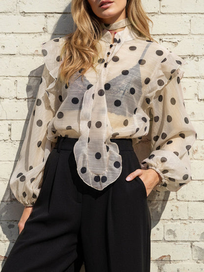 Long-sleeve loose polka-dot ruffle V-neck blouse for women - 1