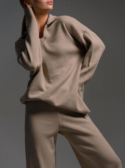 Relaxed-Fit Pullover Wide-Leg Lounge Trousers Set For Women Sweater -14
