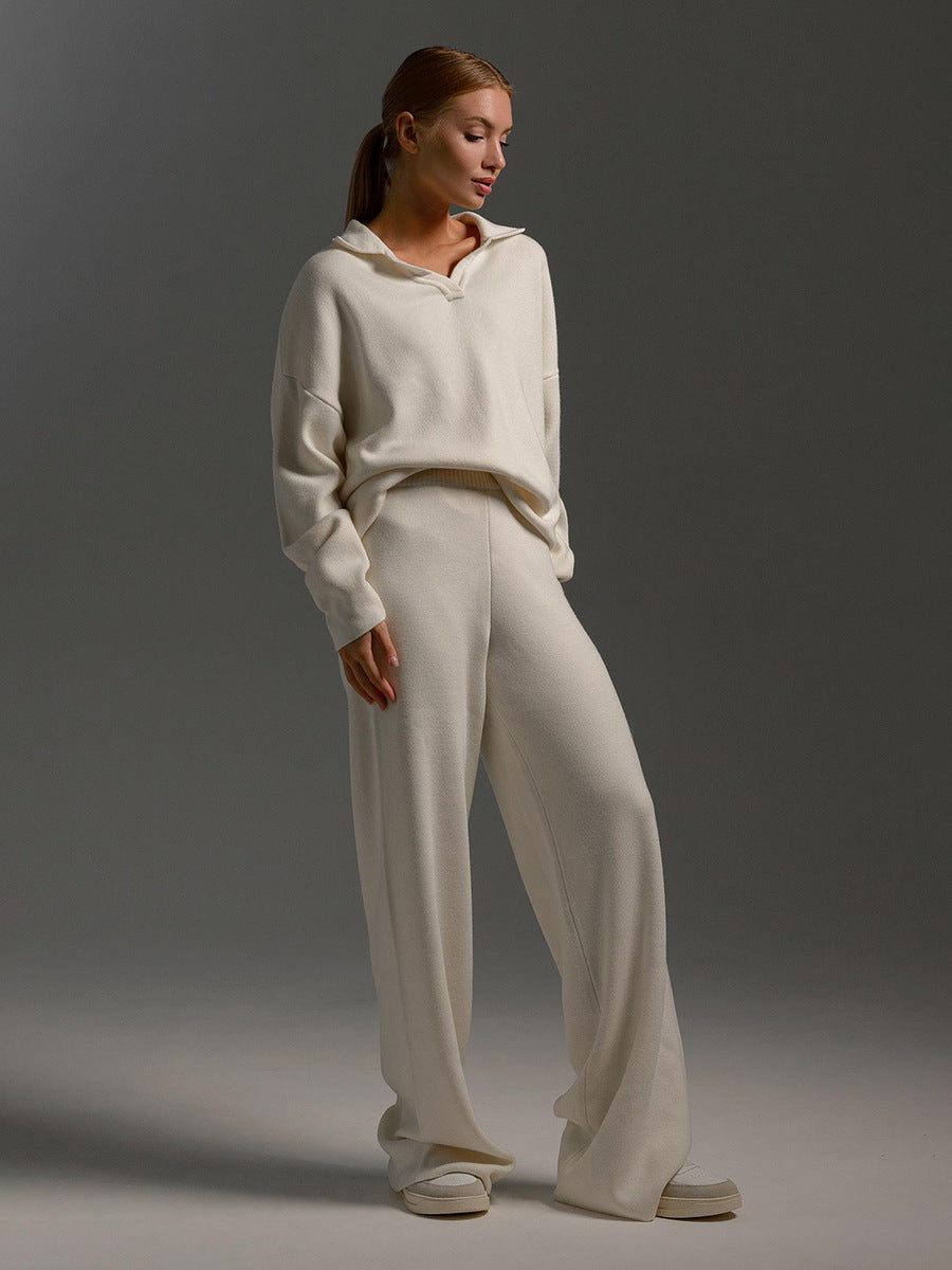 Relaxed-Fit Pullover Wide-Leg Lounge Trousers Set For Women Sweater -6