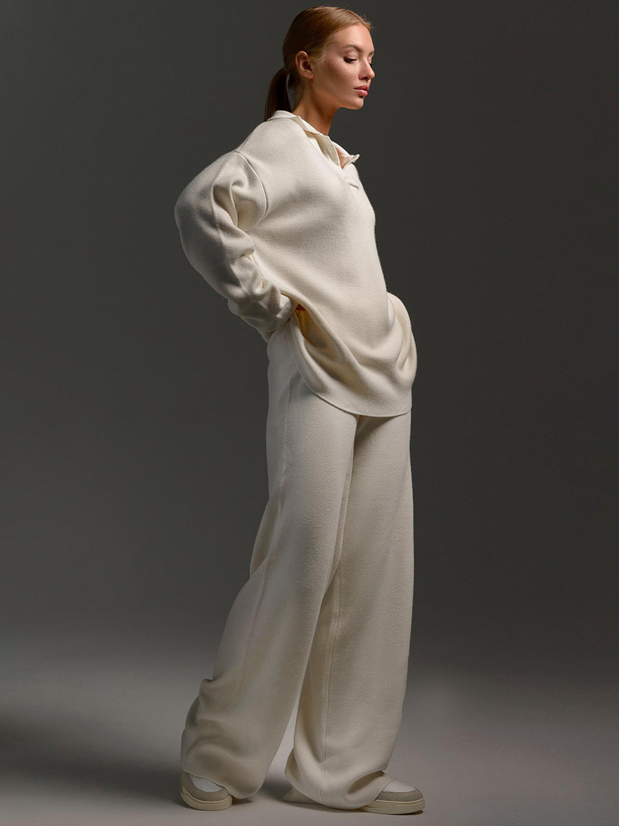 Relaxed-Fit Pullover Wide-Leg Lounge Trousers Set For Women Sweater -7