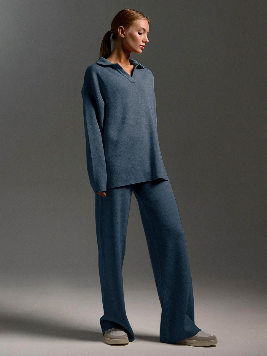 Relaxed-Fit Pullover Wide-Leg Lounge Trousers Set For Women Sweater -9
