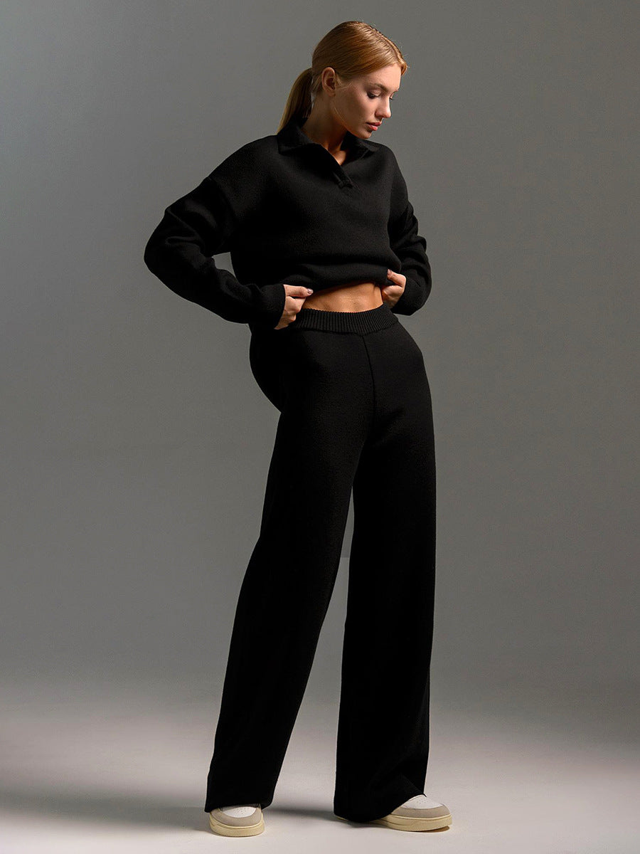 Relaxed-Fit Pullover Wide-Leg Lounge Trousers Set For Women Sweater -3