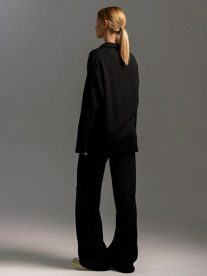 Relaxed-Fit Pullover Wide-Leg Lounge Trousers Set For Women Sweater -11