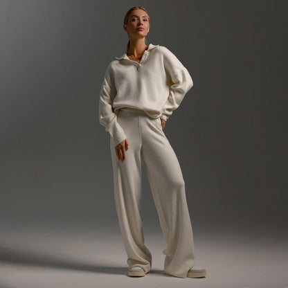 Relaxed-Fit Pullover Wide-Leg Lounge Trousers Set For Women Sweater -1